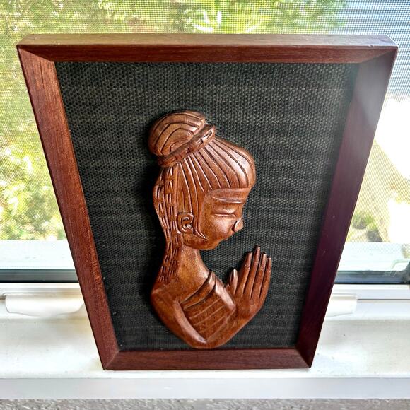 Vintage Hand-Carved Teak Woman Praying Buddha Wall Art, Prayer Pose Relief Panel - Picture 4 of 15